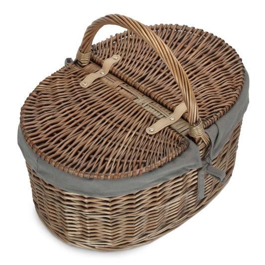 Deep Antique Wash Willow Oval Picnic Basket with Grey Sage Lining