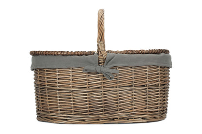 Deep Antique Wash Willow Oval Picnic Basket with Grey Sage Lining