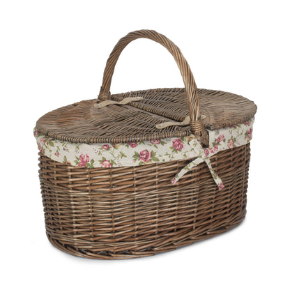 Deep Antique Wash Willow Oval Picnic Basket with Garden Rose Lining