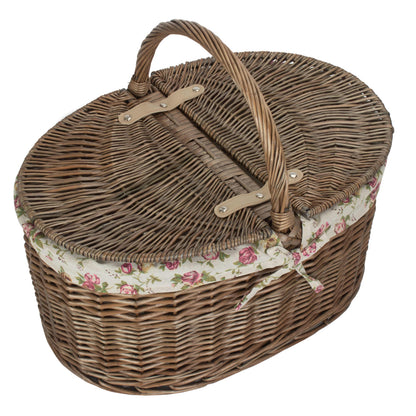 Deep Antique Wash Willow Oval Picnic Basket with Garden Rose Lining