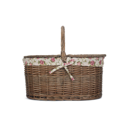 Deep Antique Wash Willow Oval Picnic Basket with Garden Rose Lining