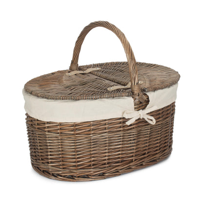 Deep Antique Wash Willow Oval Picnic Basket with White Lining