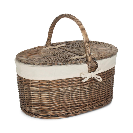 Deep Antique Wash Willow Oval Picnic Basket with White Lining
