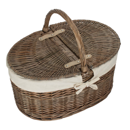 Deep Antique Wash Willow Oval Picnic Basket with White Lining