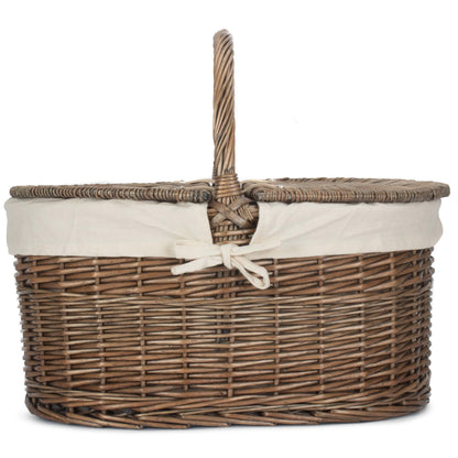 Deep Antique Wash Willow Oval Picnic Basket with White Lining