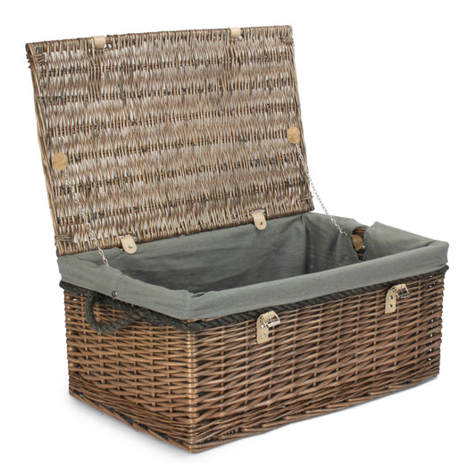 24 Inch Antique Wash Willow Rope Handled Trunk with Grey Sage Lining