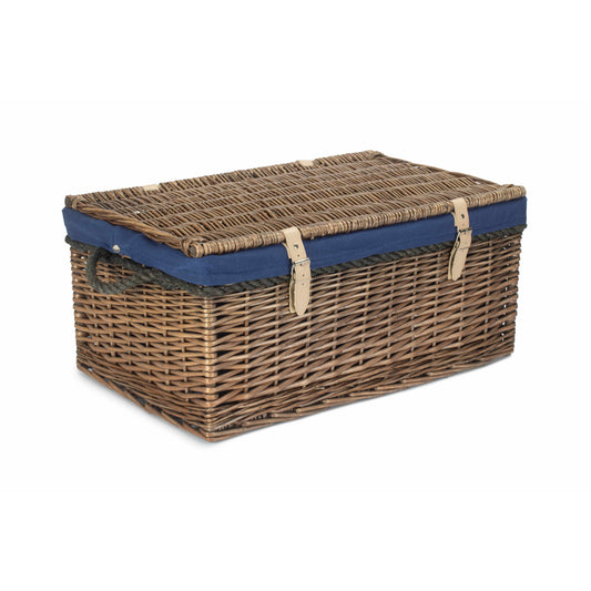 24 Inch Antique Wash Willow Rope Handled Trunk with Navy Blue Lining