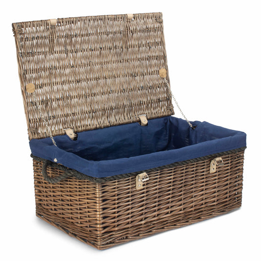 24 Inch Antique Wash Willow Rope Handled Trunk with Navy Blue Lining