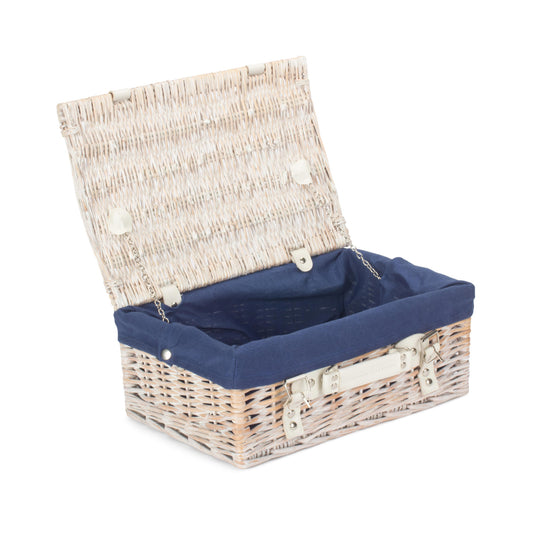 14 Inch White Wash Willow Hamper with Navy Blue Lining