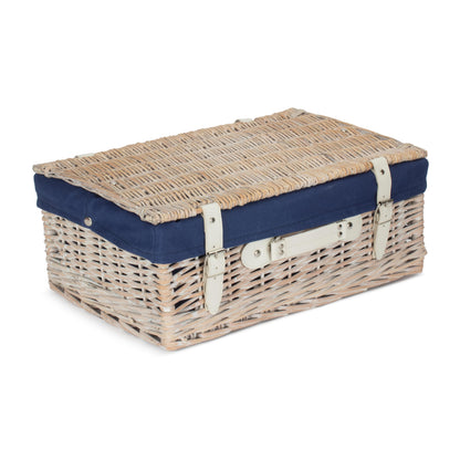 18 Inch White Wash Willow Hamper with Navy Blue Lining