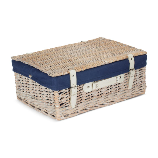18 Inch White Wash Willow Hamper with Navy Blue Lining
