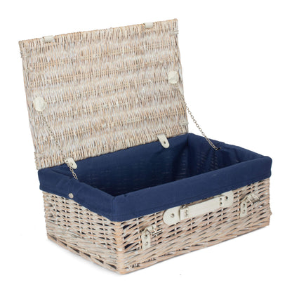 18 Inch White Wash Willow Hamper with Navy Blue Lining