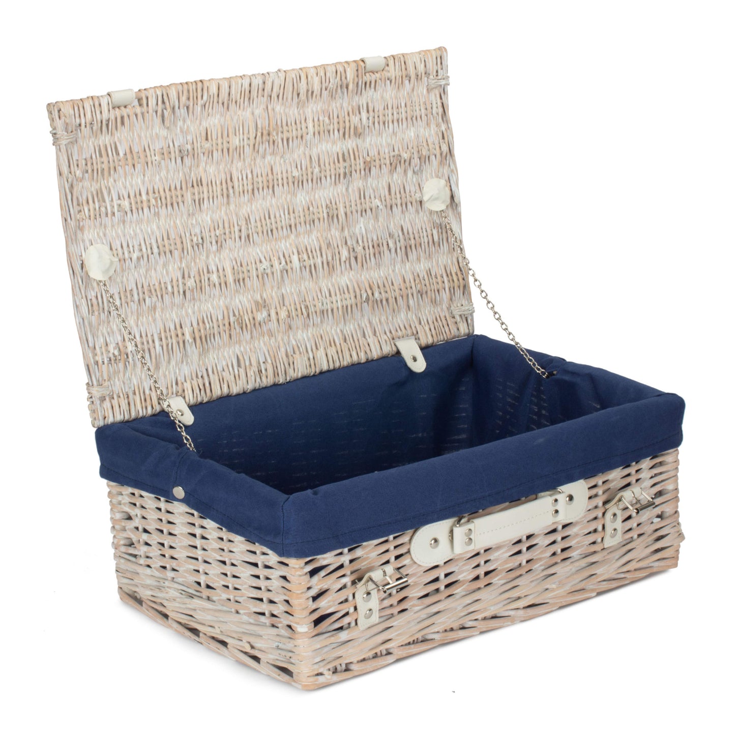 18 Inch White Hamper With Navy Blue Lining