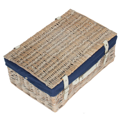 18 Inch White Wash Willow Hamper with Navy Blue Lining
