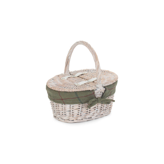 Child's White Wash Lidded Picnic Hamper Basket with Green Tweed Lining