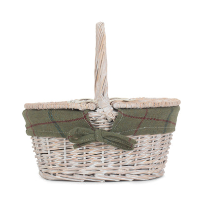 Child's White Wash Lidded Picnic Hamper Basket with Green Tweed Lining