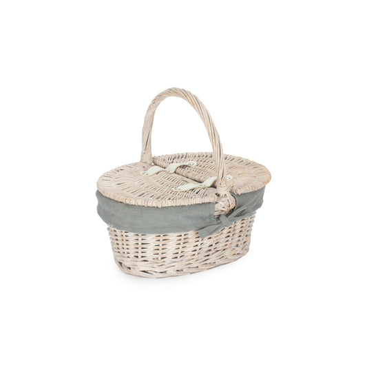 Child's White Wash Lidded Picnic Hamper Basket with Grey Sage Lining