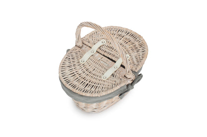 Child's White Wash Lidded Picnic Hamper Basket with Grey Sage Lining