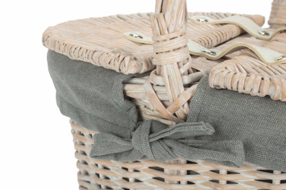 Child's White Wash Lidded Picnic Hamper Basket with Grey Sage Lining
