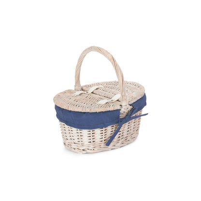 Child's White Wash Lidded Picnic Hamper Basket with Navy Blue Lining
