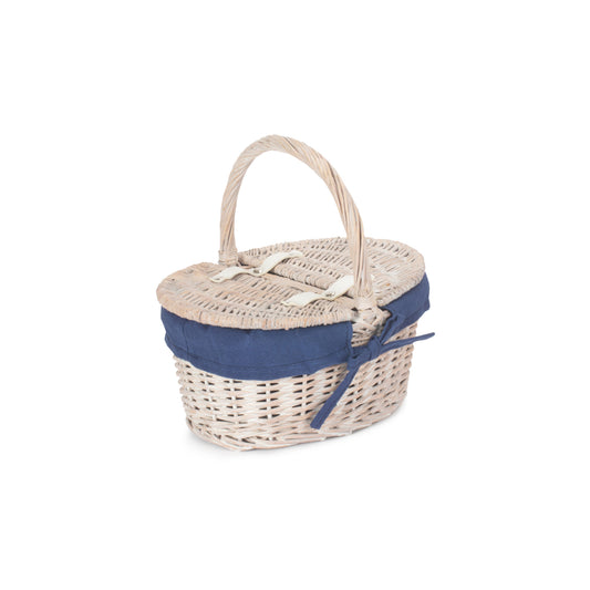 Child's White Wash Lidded Picnic Hamper Basket with Navy Blue Lining