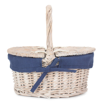 Child's White Wash Lidded Picnic Hamper Basket with Navy Blue Lining