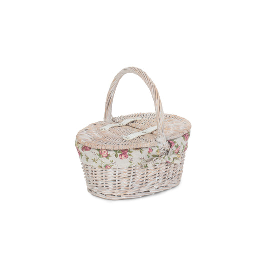 Child's White Wash Lidded Picnic Hamper Basket with Garden Rose Lining