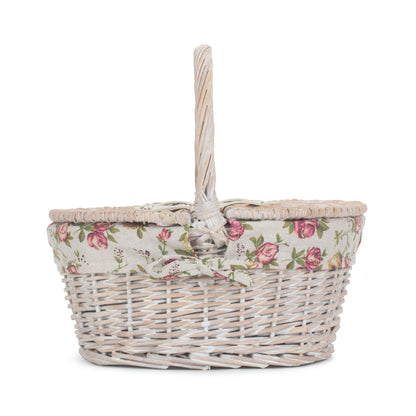 Child's White Wash Lidded Picnic Hamper Basket with Garden Rose Lining