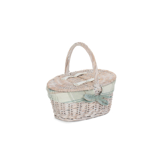 Child's White Wash Lidded Picnic Hamper Basket with Cream Tartan Lining