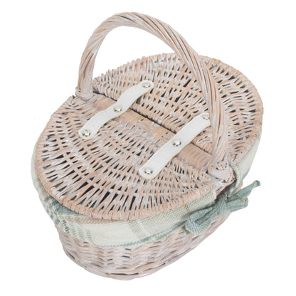 Child's White Wash Lidded Picnic Hamper Basket with Cream Tartan Lining