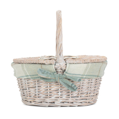 Child's White Wash Lidded Picnic Hamper Basket with Cream Tartan Lining