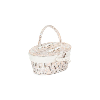 Child's White Wash Lidded Picnic Hamper Basket with White Lining
