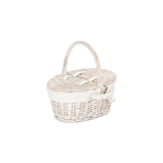 Child's White Wash Lidded Picnic Hamper Basket with White Lining