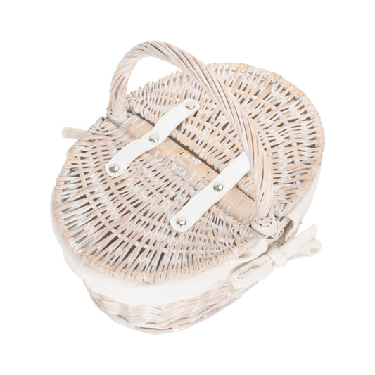 Child's White Wash Lidded Picnic Hamper Basket with White Lining