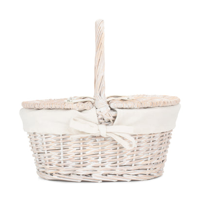 Child's White Wash Lidded Picnic Hamper Basket with White Lining