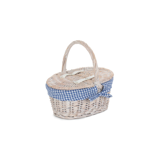 Child's White Wash Lidded PIcnic Hamper Basket with Blue & White Checked Lining