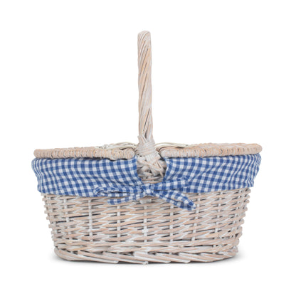 Child's White Wash Lidded PIcnic Hamper Basket with Blue & White Checked Lining