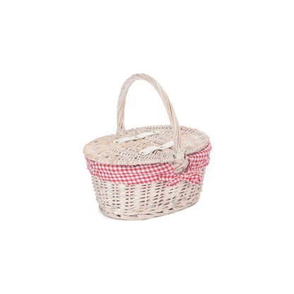 Child's White Wash Lidded Picnic Hamper Basket with Red & White Checked Lining