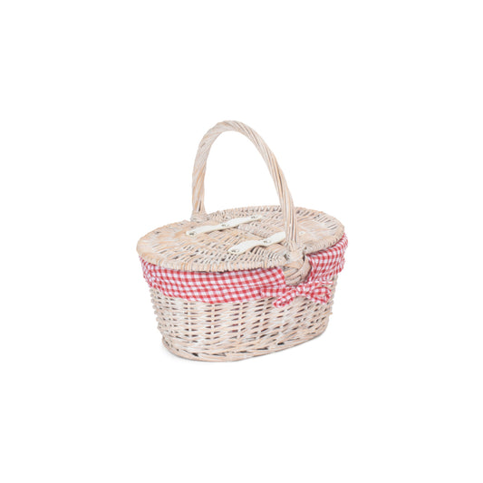 Child's White Wash Lidded Picnic Hamper Basket with Red & White Checked Lining