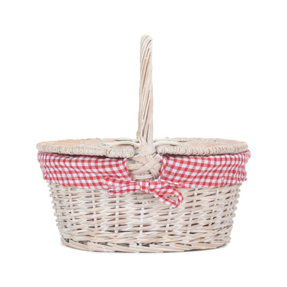 Child's White Wash Lidded Picnic Hamper Basket with Red & White Checked Lining