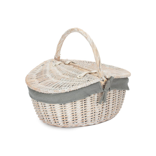 White Wash Finish Oval Picnic Hamper Basket with Grey Sage Lining