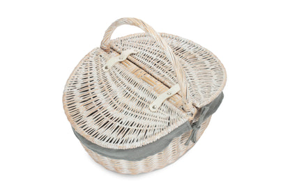 White Wash Finish Oval Picnic Hamper Basket with Grey Sage Lining