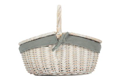 White Wash Finish Oval Picnic Hamper Basket with Grey Sage Lining