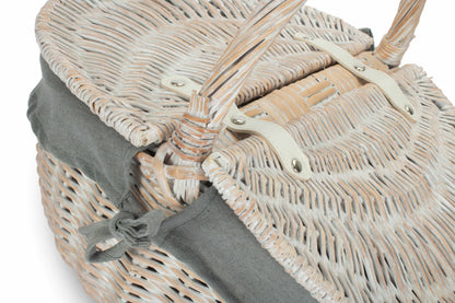 White Wash Finish Oval Picnic Hamper Basket with Grey Sage Lining
