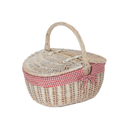 White Wash Finish Oval Picnic Hamper Basket with Red & White Checked Lining
