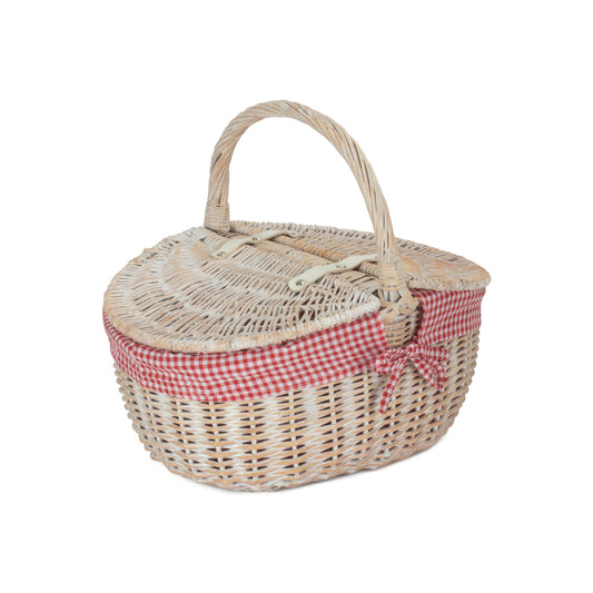 White Wash Finish Oval Picnic Hamper Basket with Red & White Checked Lining