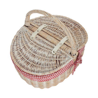 White Wash Finish Oval Picnic Hamper Basket with Red & White Checked Lining