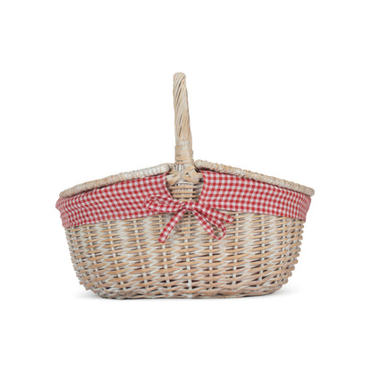 White Wash Finish Oval Picnic Hamper Basket with Red & White Checked Lining