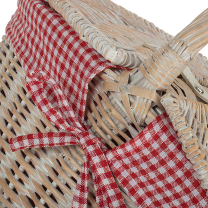 White Wash Finish Oval Picnic Hamper Basket with Red & White Checked Lining