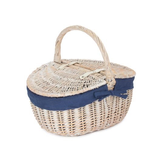 White Wash Finish Oval Picnic Hamper Basket with Navy Blue Lining
